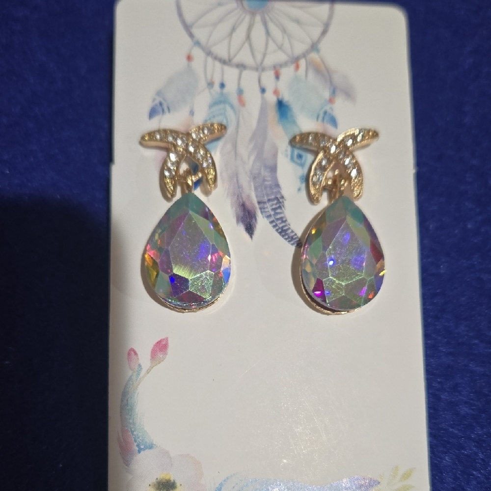 Gold and Iridescent Teardrop Earrings - Picture 2 of 2
